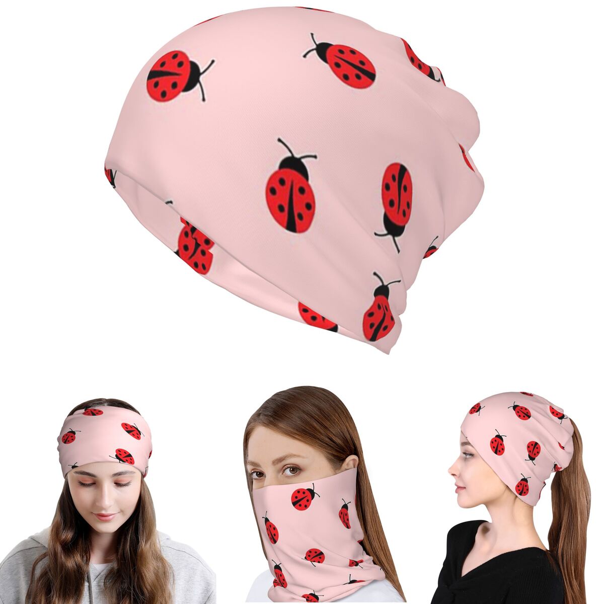 Beanie Winter Hat - Cute Ladybug On Pink Background Bandana